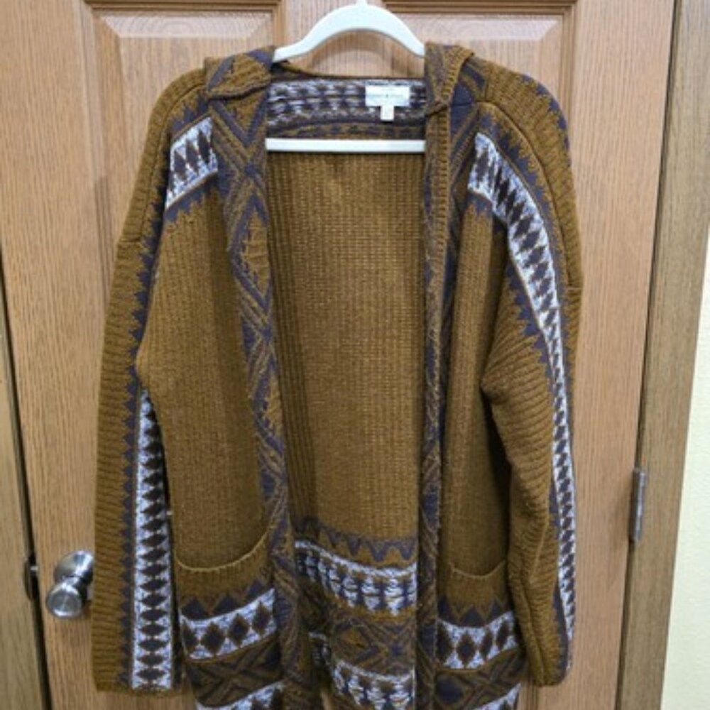 Lucky Brand Cardigan Sweater Womens XL Brown Hooded Open Front Aztec Boho Knit